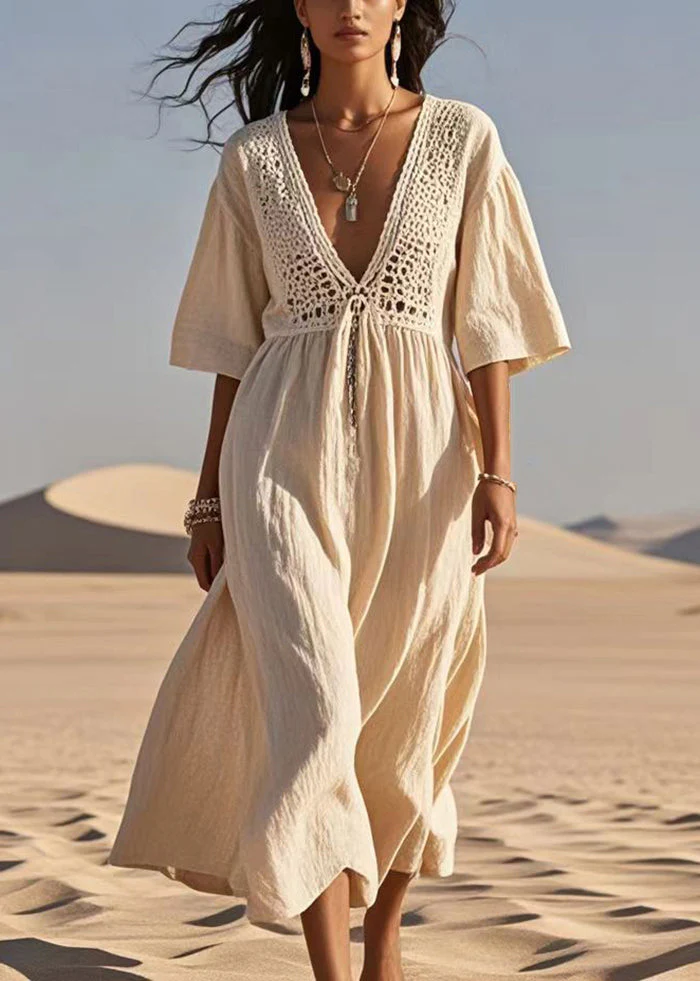 Casual Apricot Hollow Out Cotton A Line Dress Summer - Image 5