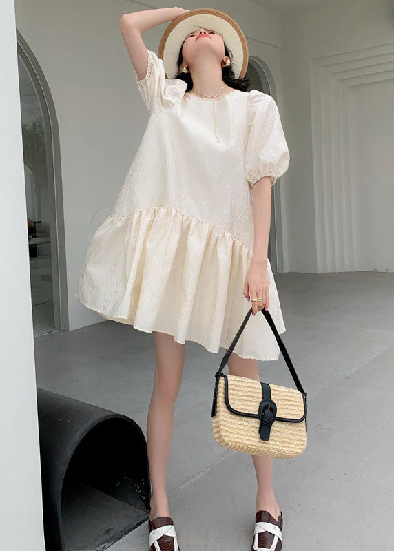 Casual Apricot O Neck Patchwork Wrinkled Cotton Mid Dress Puff Sleeve - Image 2