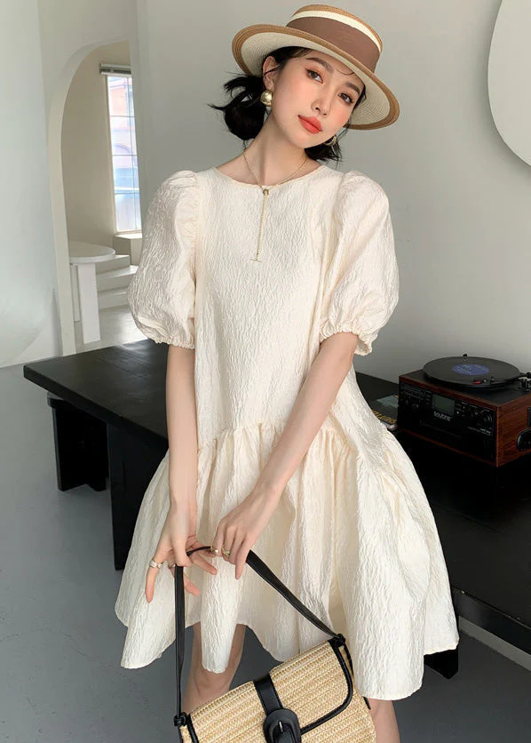 Casual Apricot O Neck Patchwork Wrinkled Cotton Mid Dress Puff Sleeve - Image 3