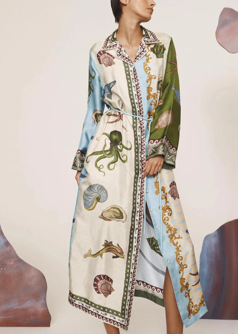 Casual Apricot Peter Pan Collar Print Button Long Shirts Dress Fall