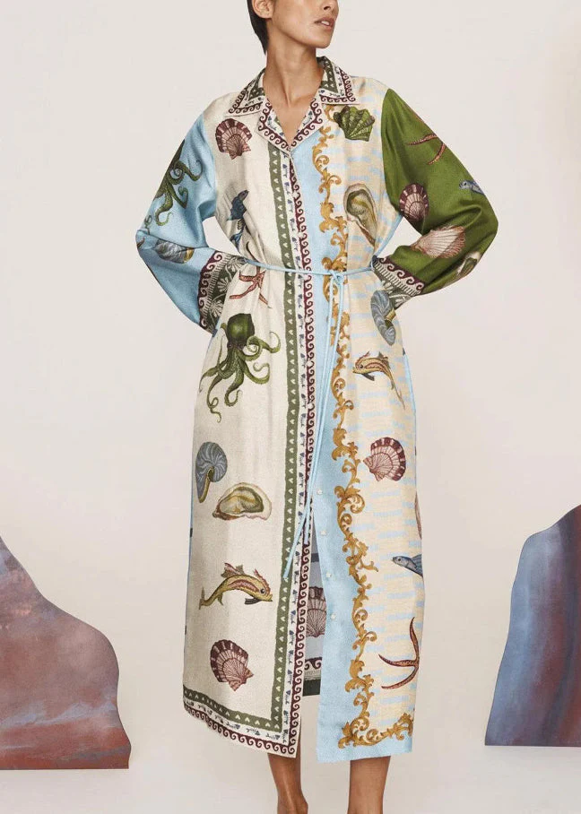 Casual Apricot Peter Pan Collar Print Button Long Shirts Dress Fall - Image 2