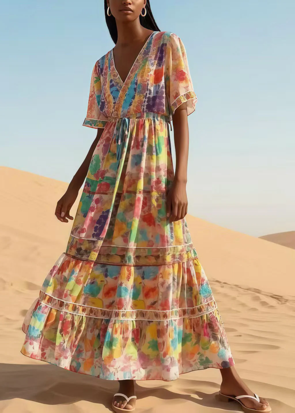 Casual Apricot Print Chiffon Maxi Dresses Summer - Image 3