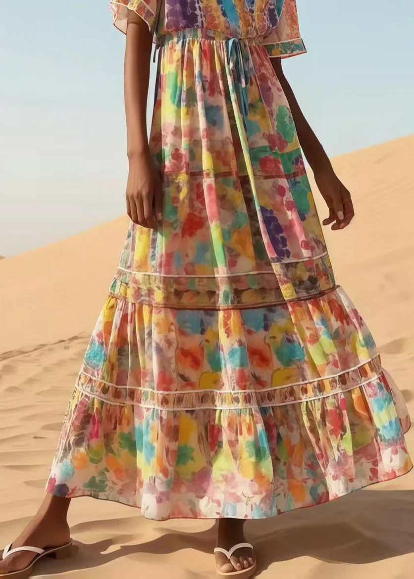 Casual Apricot Print Chiffon Maxi Dresses Summer - Image 4