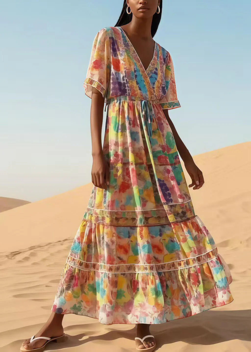 Casual Apricot Print Chiffon Maxi Dresses Summer - Image 5