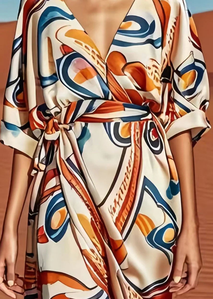 Casual Apricot Print Low High Design Silk Dress Summer - Image 4
