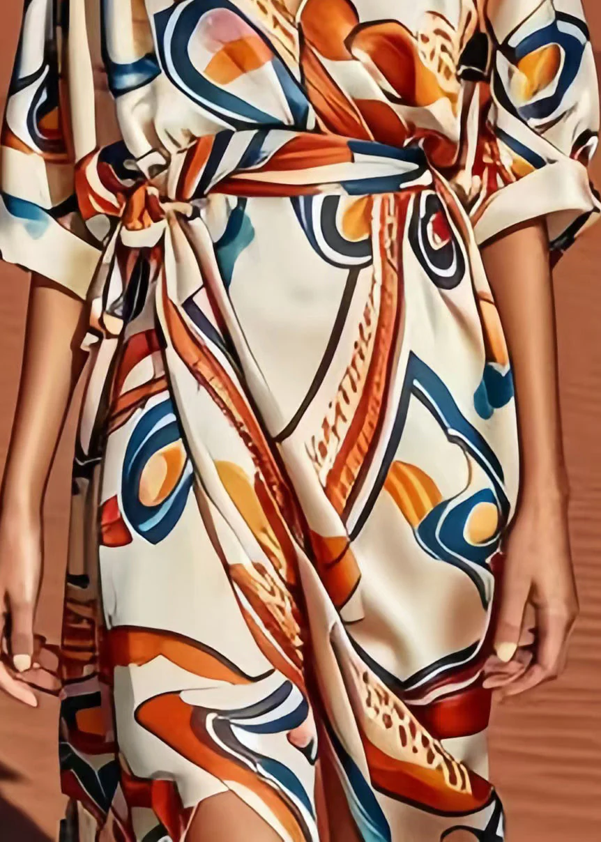 Casual Apricot Print Low High Design Silk Dress Summer - Image 5
