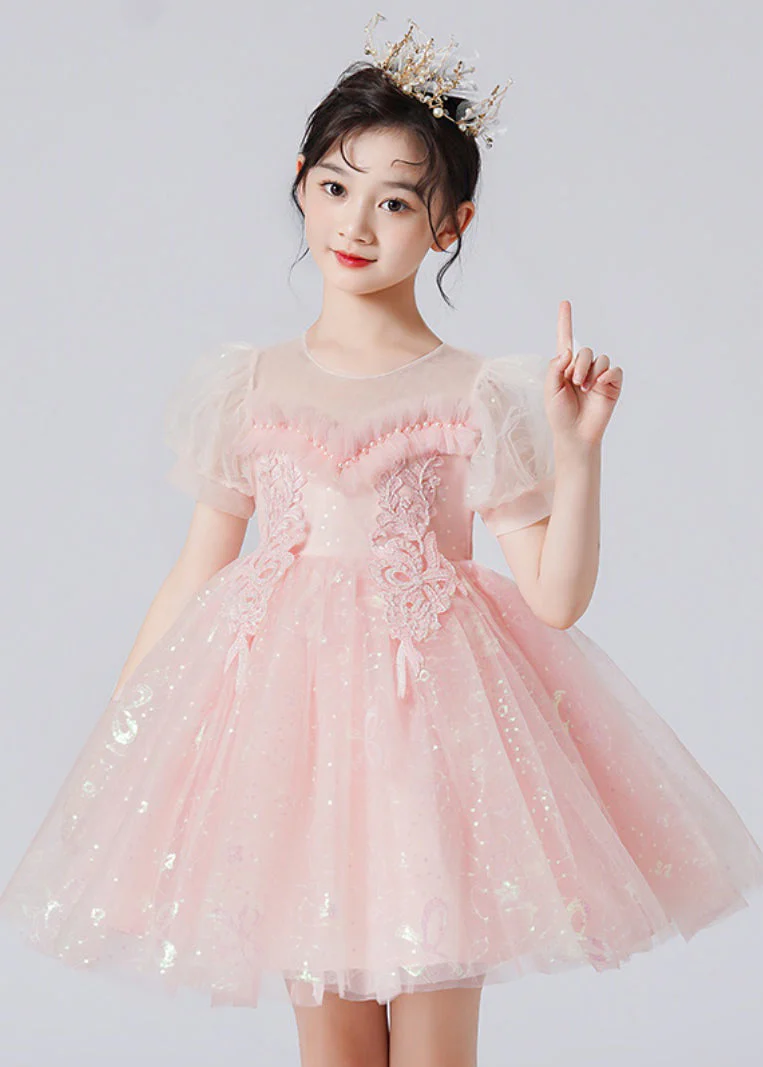 Casual Apricot Puff Sleeve Patchwork Sequins Tulle Kids Girls Robe Dresses Summer - Image 2