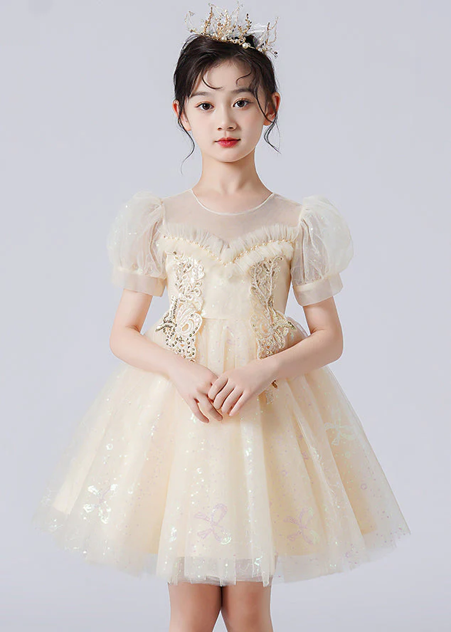 Casual Apricot Puff Sleeve Patchwork Sequins Tulle Kids Girls Robe Dresses Summer - Image 3