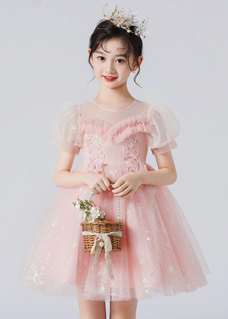 Casual Apricot Puff Sleeve Patchwork Sequins Tulle Kids Girls Robe Dresses Summer - Image 4