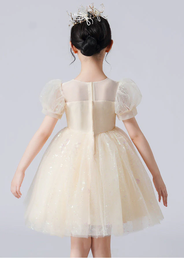 Casual Apricot Puff Sleeve Patchwork Sequins Tulle Kids Girls Robe Dresses Summer - Image 5