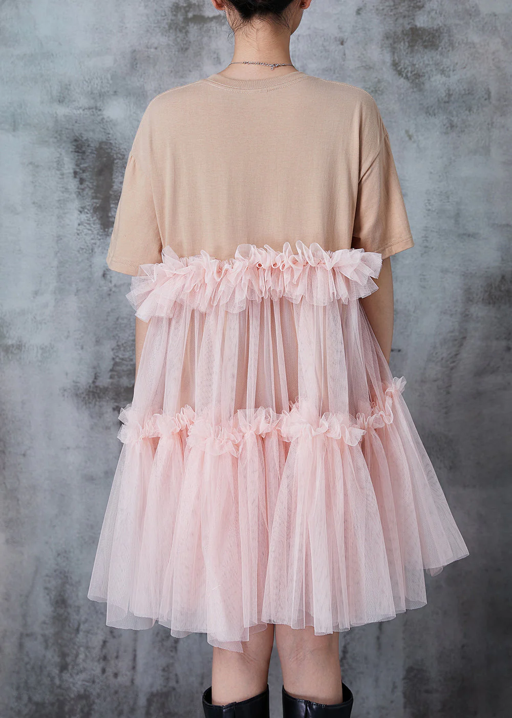 Casual Apricot Ruffled Patchwork Tulle Tea Dress Summer - Image 4