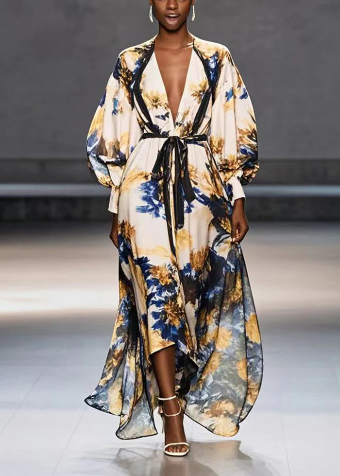 Casual Apricot Tie Waist Print Chiffon Maxi Dresses Spring - Image 3