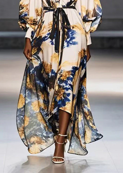 Casual Apricot Tie Waist Print Chiffon Maxi Dresses Spring - Image 4