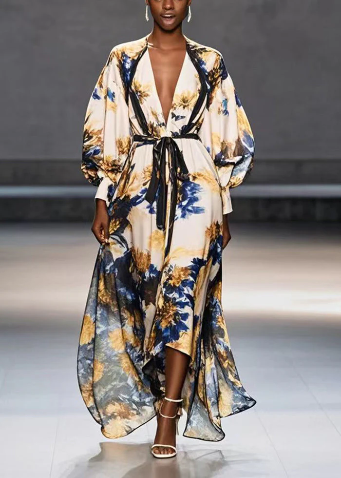 Casual Apricot Tie Waist Print Chiffon Maxi Dresses Spring - Image 5