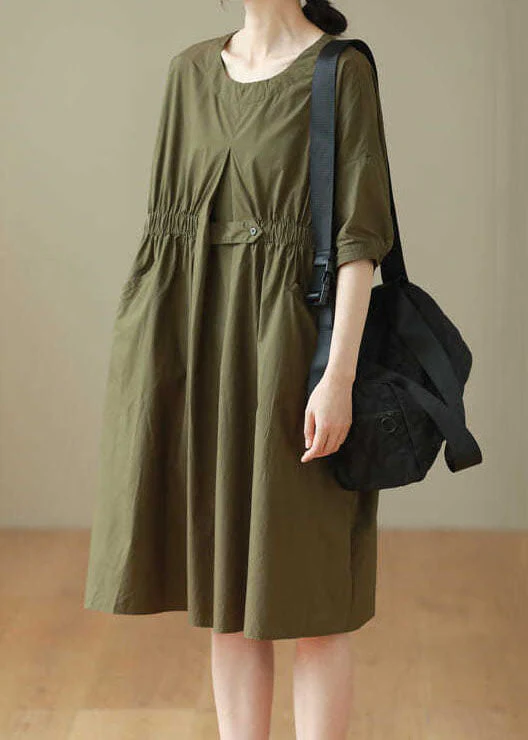 Casual Army Green O Neck Patchwork Cotton Mid Dresses Summer - Image 2