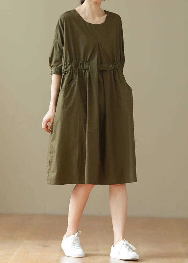 Casual Army Green O Neck Patchwork Cotton Mid Dresses Summer - Image 3