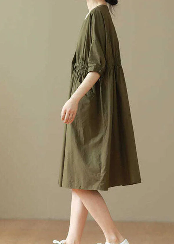 Casual Army Green O Neck Patchwork Cotton Mid Dresses Summer - Image 4