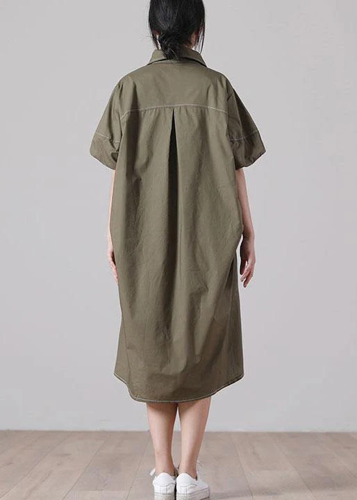 Casual Army Green Peter Pan Collar Button Maxi Summer Cotton Dress - Image 4