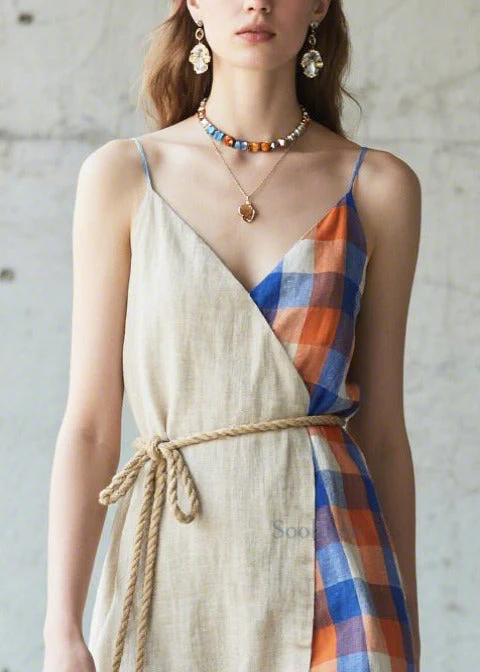 Casual Beige Asymmetrical Patchwork Linen Cami Dresses Summer - Image 2