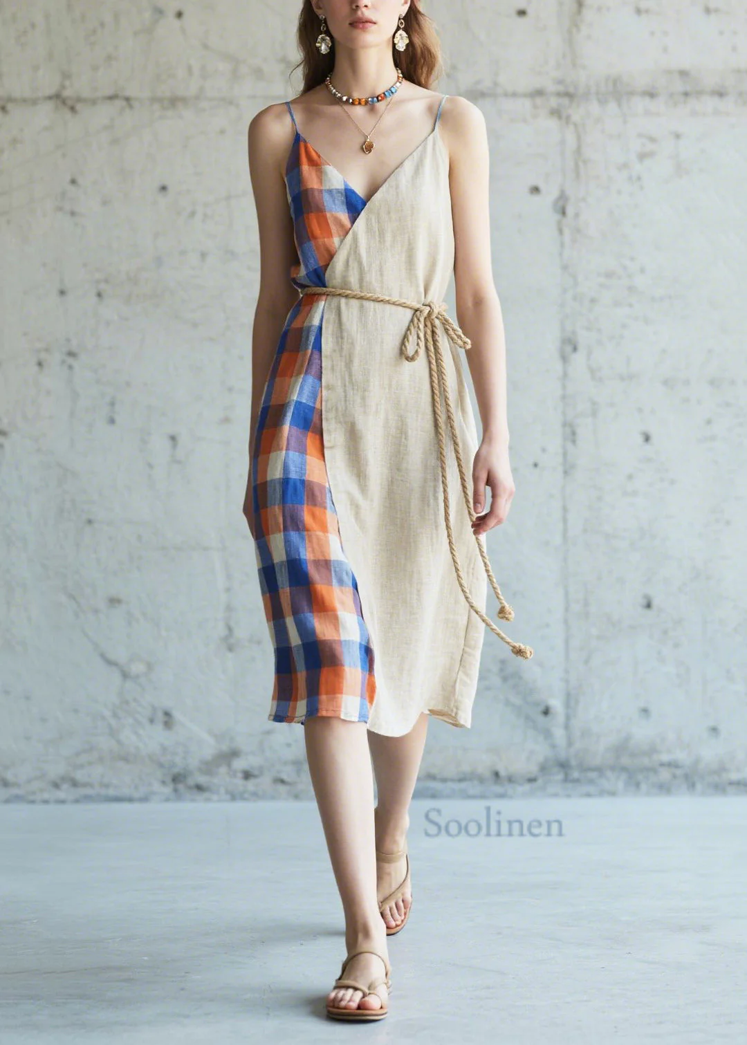 Casual Beige Asymmetrical Patchwork Linen Cami Dresses Summer - Image 3