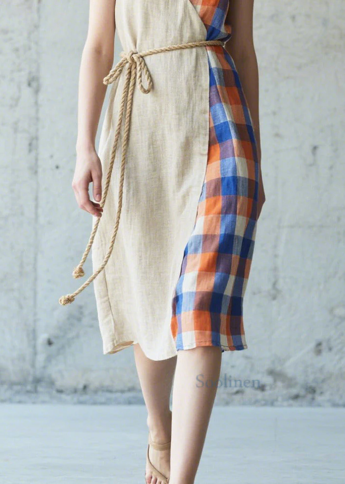 Casual Beige Asymmetrical Patchwork Linen Cami Dresses Summer - Image 4