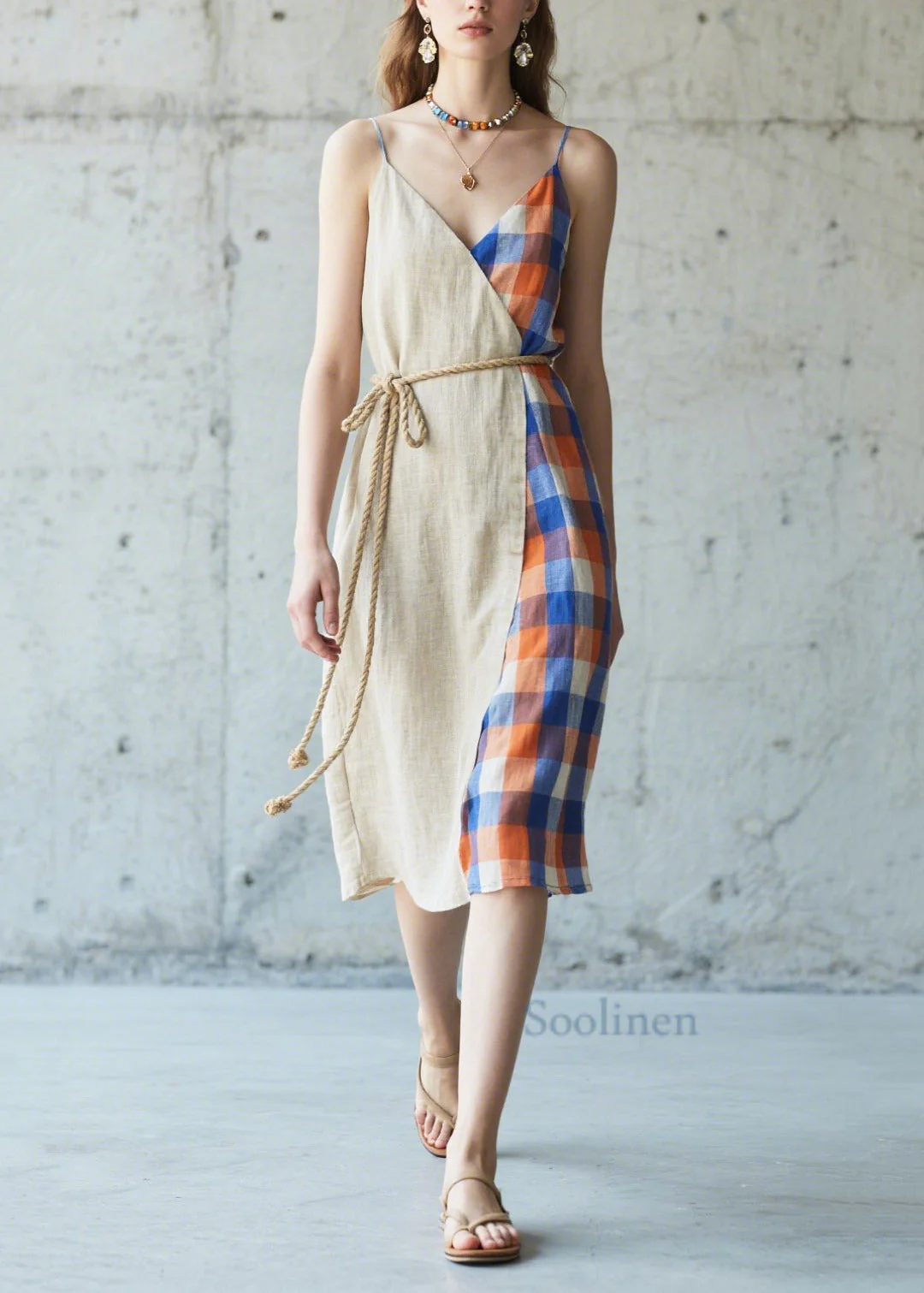 Casual Beige Asymmetrical Patchwork Linen Cami Dresses Summer - Image 5