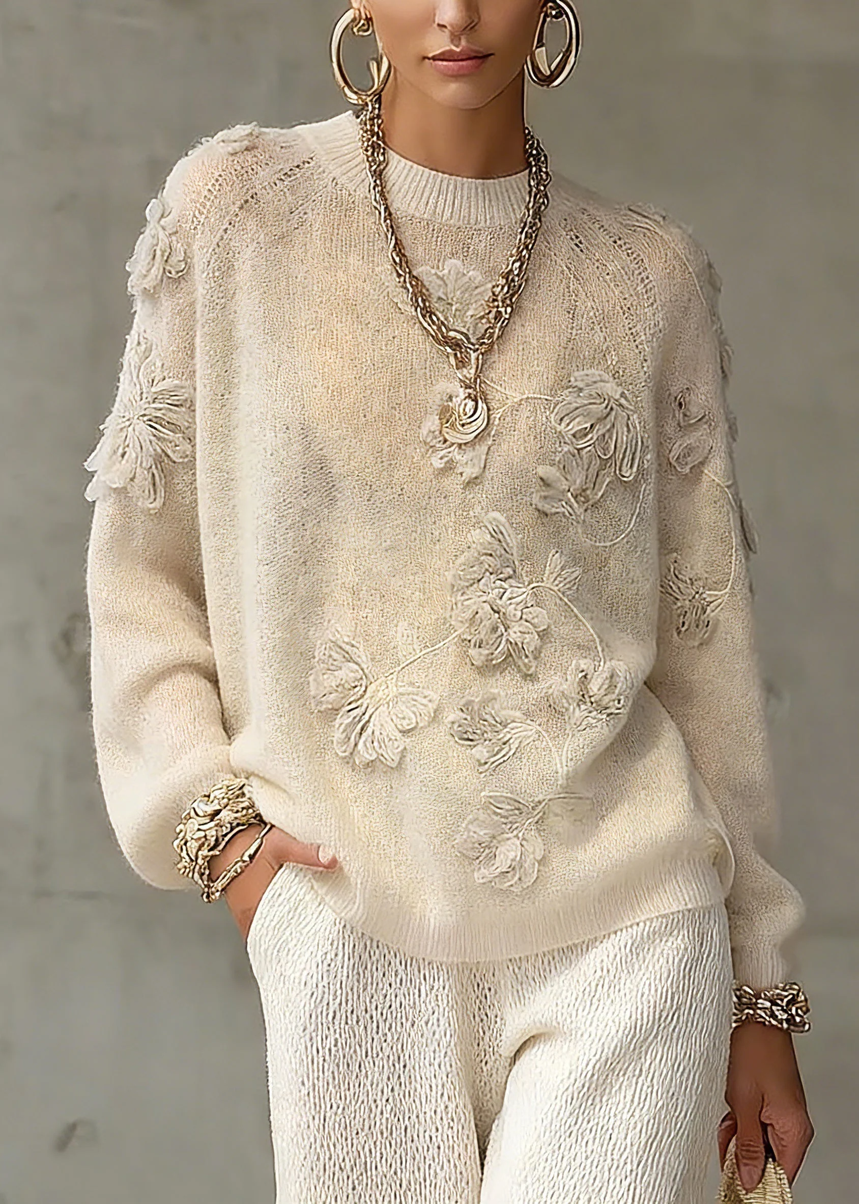 Casual Beige O-Neck Embroidered Cotton Knit Sweaters Spring - Image 3