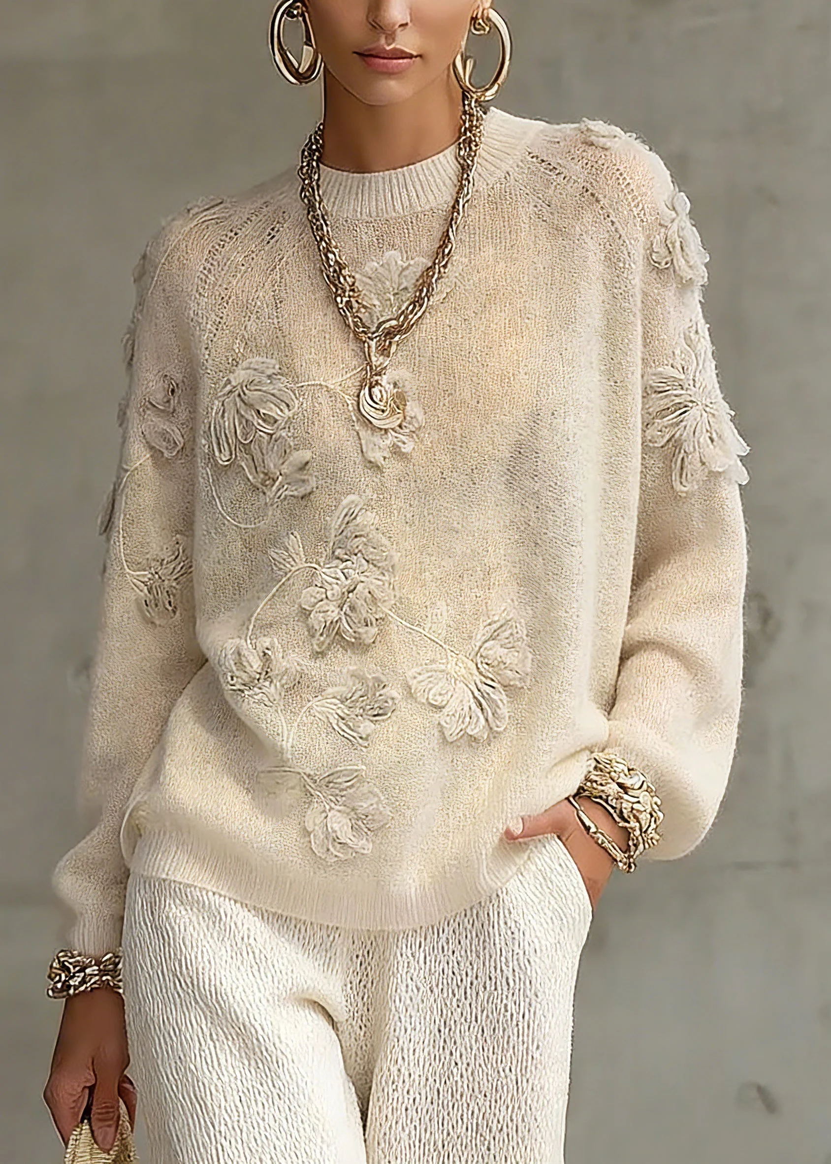 Casual Beige O-Neck Embroidered Cotton Knit Sweaters Spring - Image 5