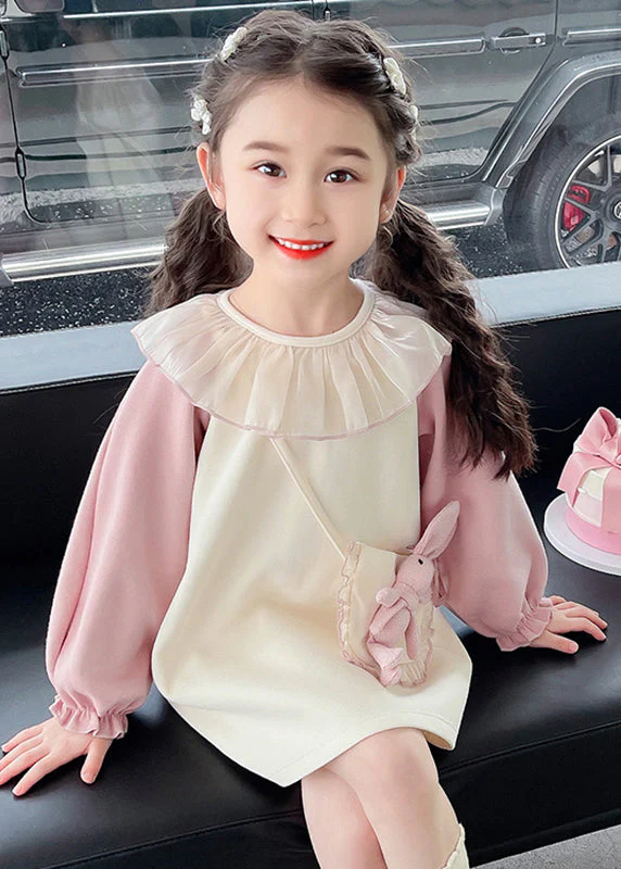 Casual Beige O-Neck Tulle Patchwork Kids Mid Dress Fall - Image 2