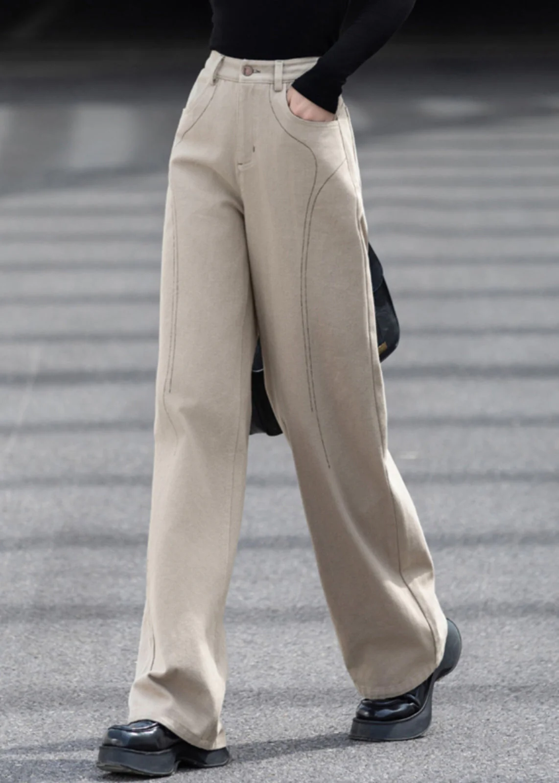 Casual Beige Oversized Pockets Cotton Pants Spring - Image 2