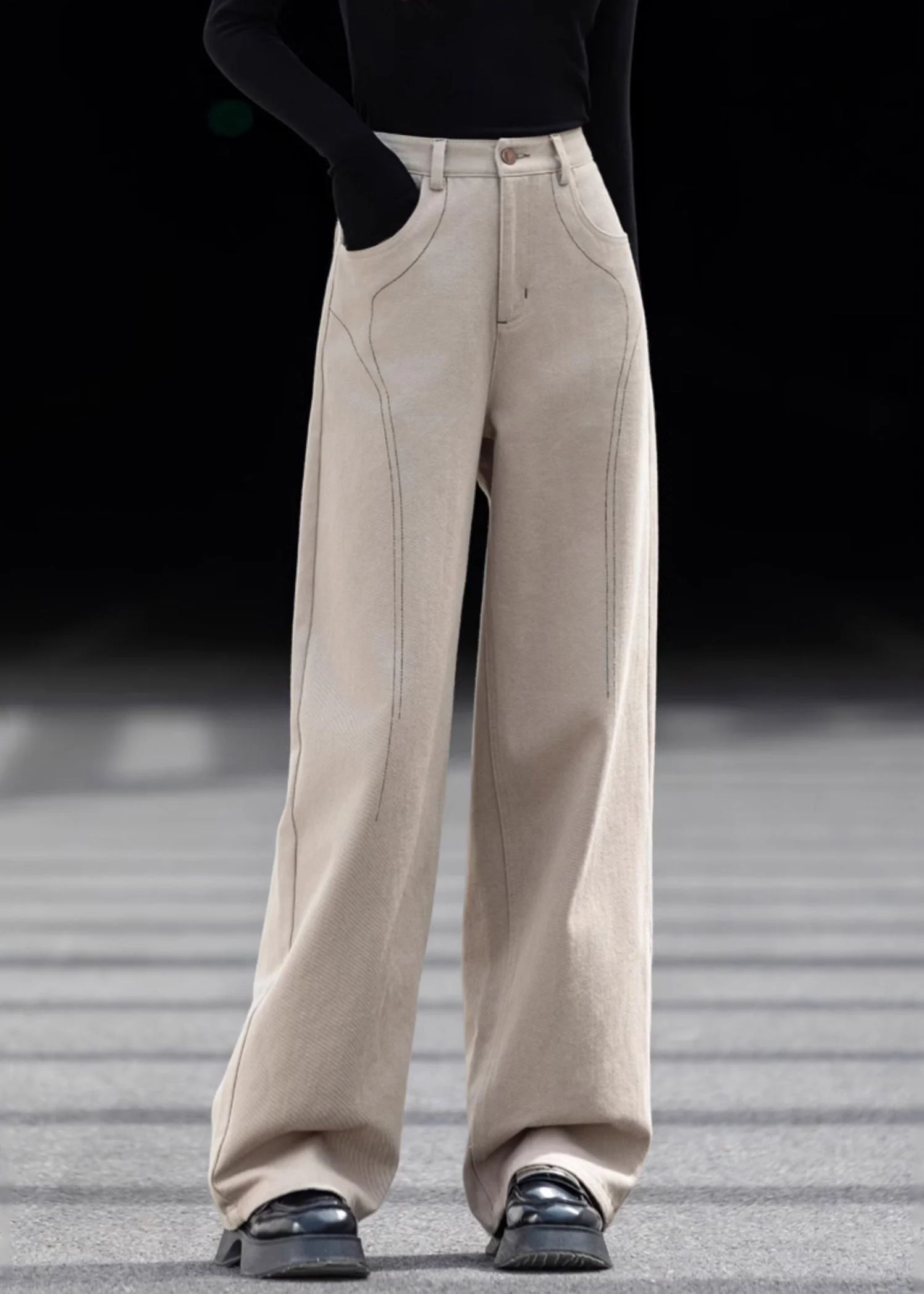 Casual Beige Oversized Pockets Cotton Pants Spring - Image 3