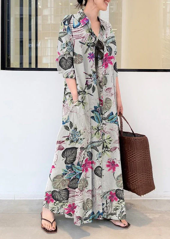 Casual Beige Oversized Print Cotton Shirt Ankle Dress Spring - Image 2