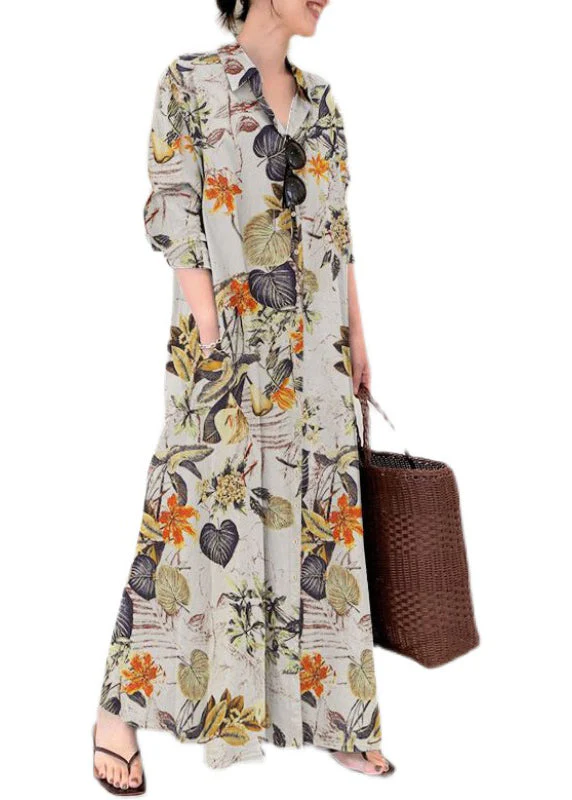 Casual Beige Oversized Print Cotton Shirt Ankle Dress Spring - Image 5