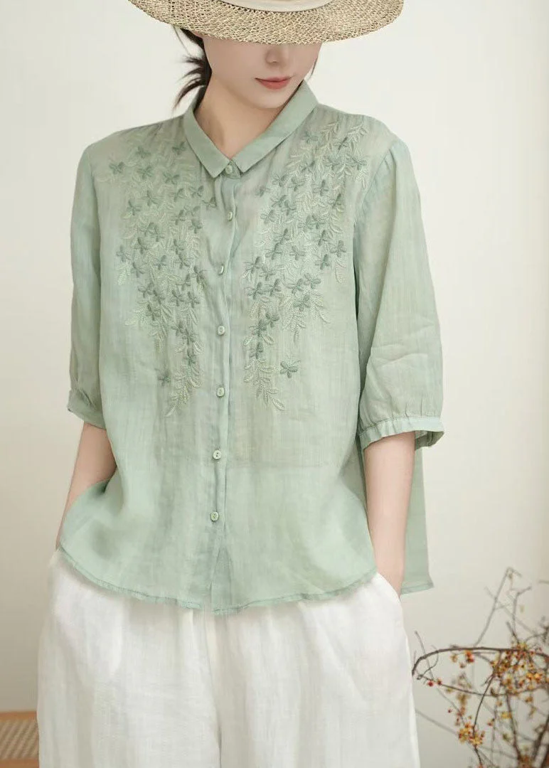 Casual Beige Peter Pan Collar Embroidered Linen Blouses Summer - Image 2