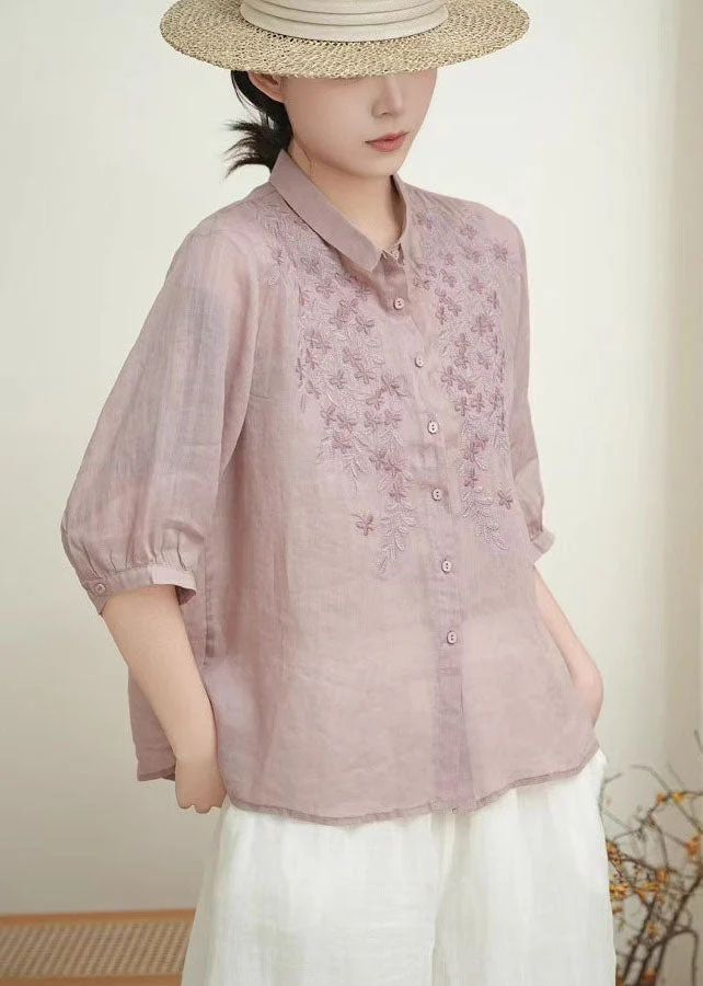 Casual Beige Peter Pan Collar Embroidered Linen Blouses Summer - Image 3