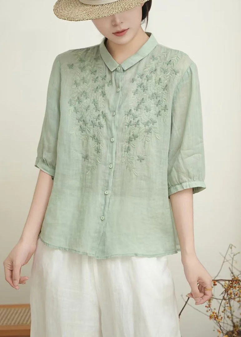 Casual Beige Peter Pan Collar Embroidered Linen Blouses Summer - Image 4
