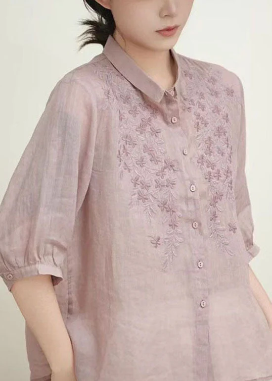 Casual Beige Peter Pan Collar Embroidered Linen Blouses Summer - Image 5