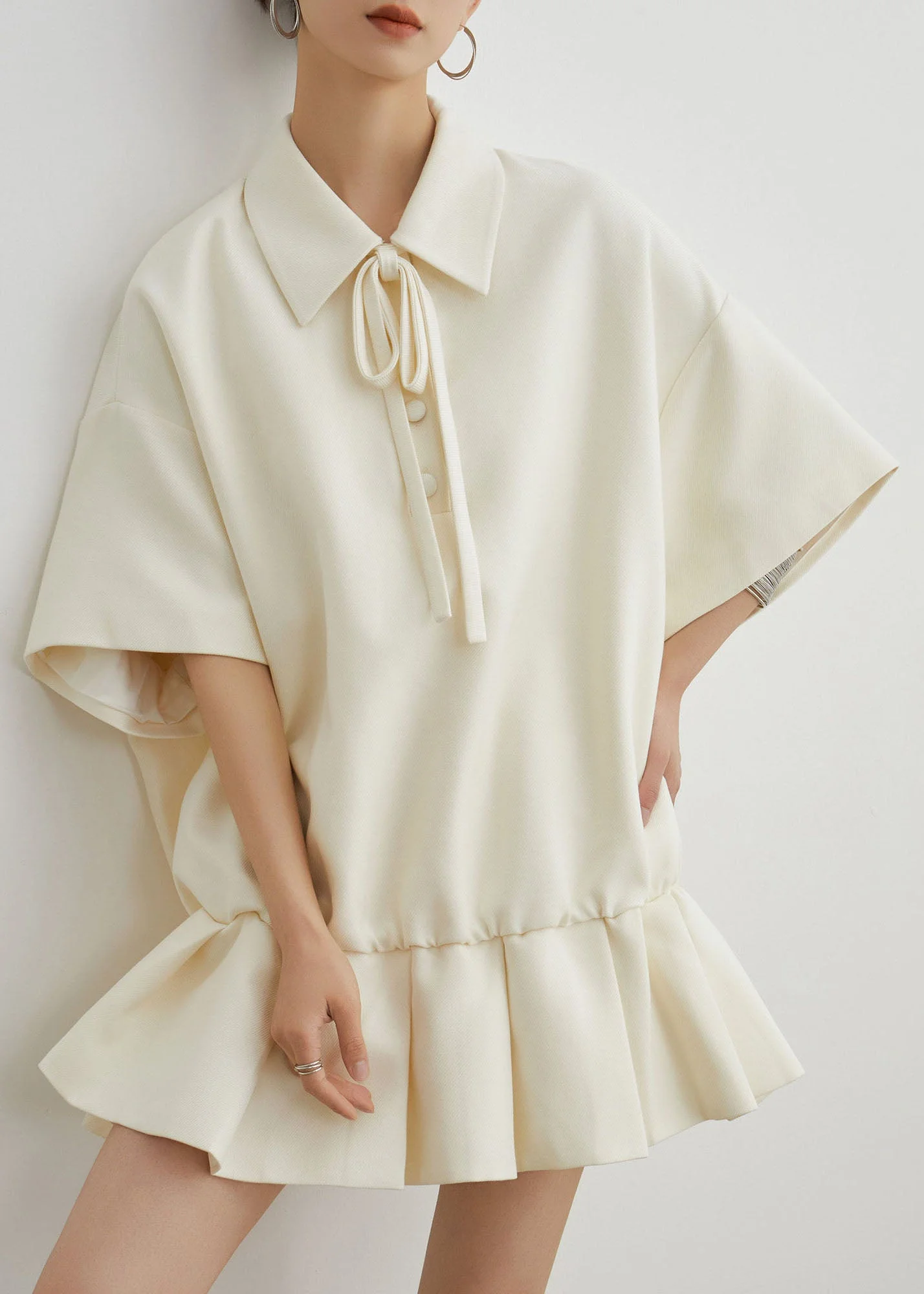 Casual Beige Peter Pan Collar Wrinkled Patchwork Cotton Dress Summer - Image 2