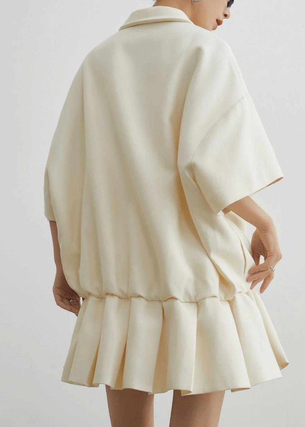 Casual Beige Peter Pan Collar Wrinkled Patchwork Cotton Dress Summer - Image 5