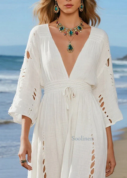 Casual Beige V Neck Hollow Out Cotton Holiday Dresses Spring - Image 2