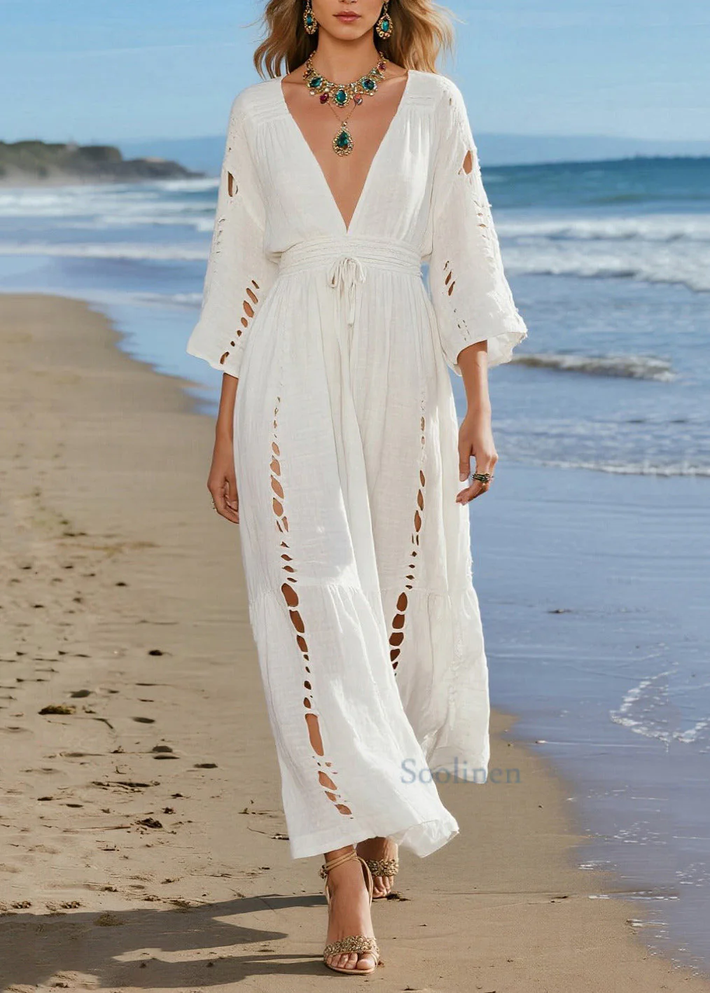 Casual Beige V Neck Hollow Out Cotton Holiday Dresses Spring - Image 3