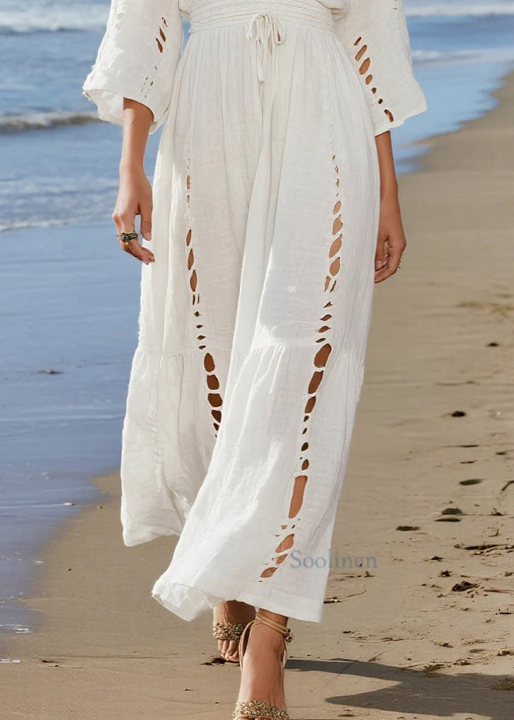 Casual Beige V Neck Hollow Out Cotton Holiday Dresses Spring - Image 4