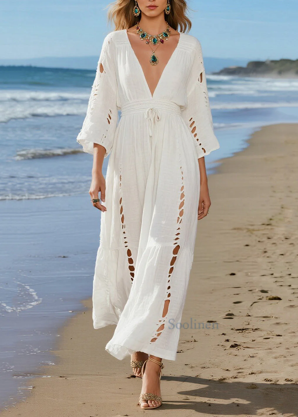 Casual Beige V Neck Hollow Out Cotton Holiday Dresses Spring - Image 5