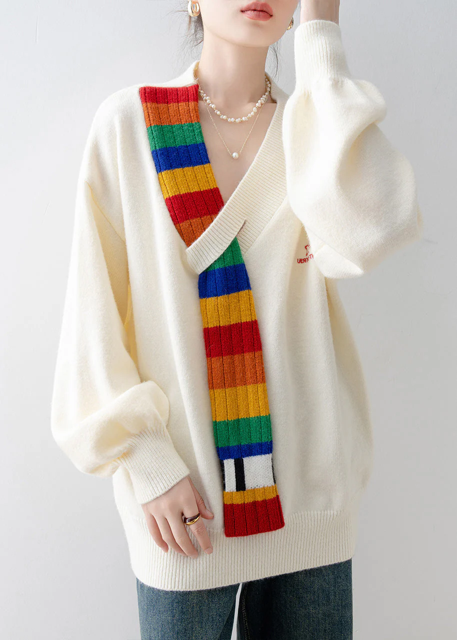 Casual Beige V Neck Patchwork Knitted Sweaters Tops Spring - Image 4