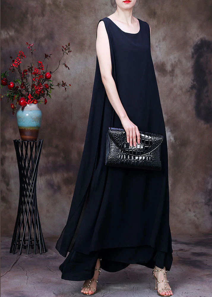 Casual Black Asymmetrical Design Chiffon Long Dresses Sleeveless - Image 2