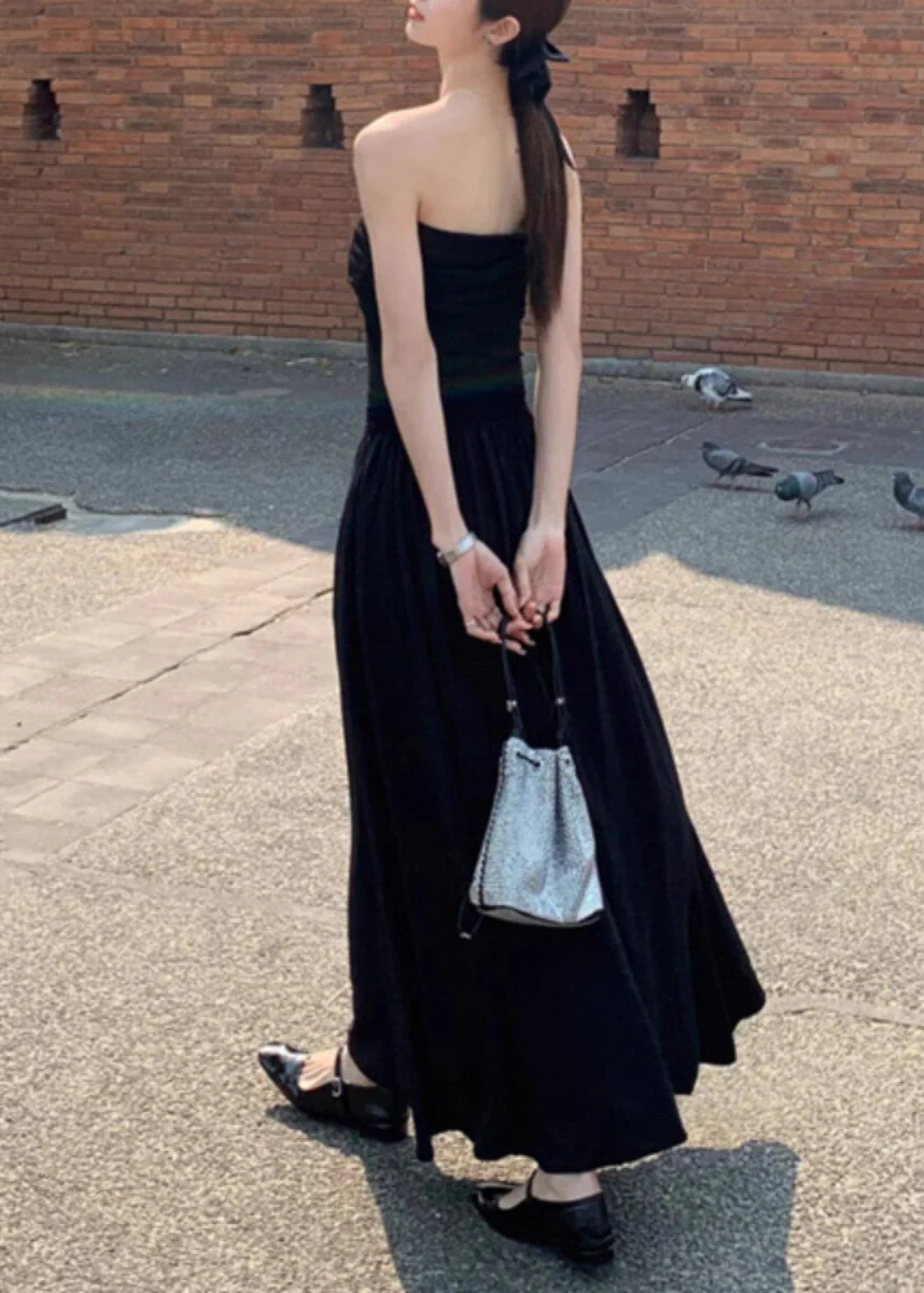 Casual Black Cold Shoulder Silm Fit Cotton Strapless Dress Summer - Image 3