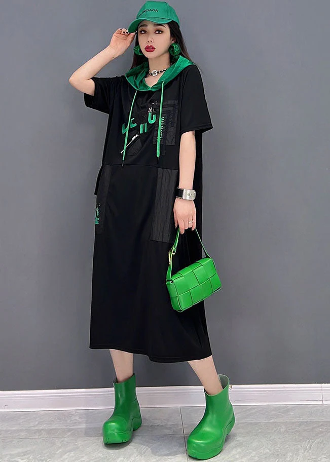 Casual Black Colorblock Hooded Cotton Sweatshirts Dress Short Sleeve - Image 2