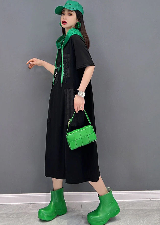Casual Black Colorblock Hooded Cotton Sweatshirts Dress Short Sleeve - Image 3