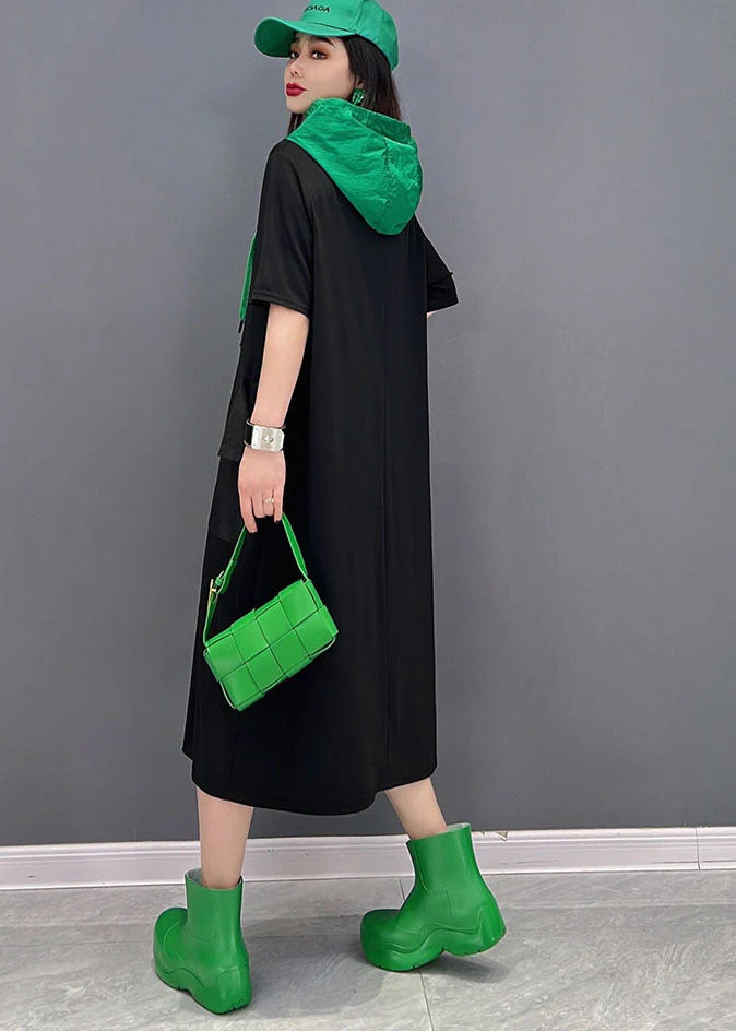 Casual Black Colorblock Hooded Cotton Sweatshirts Dress Short Sleeve - Image 4