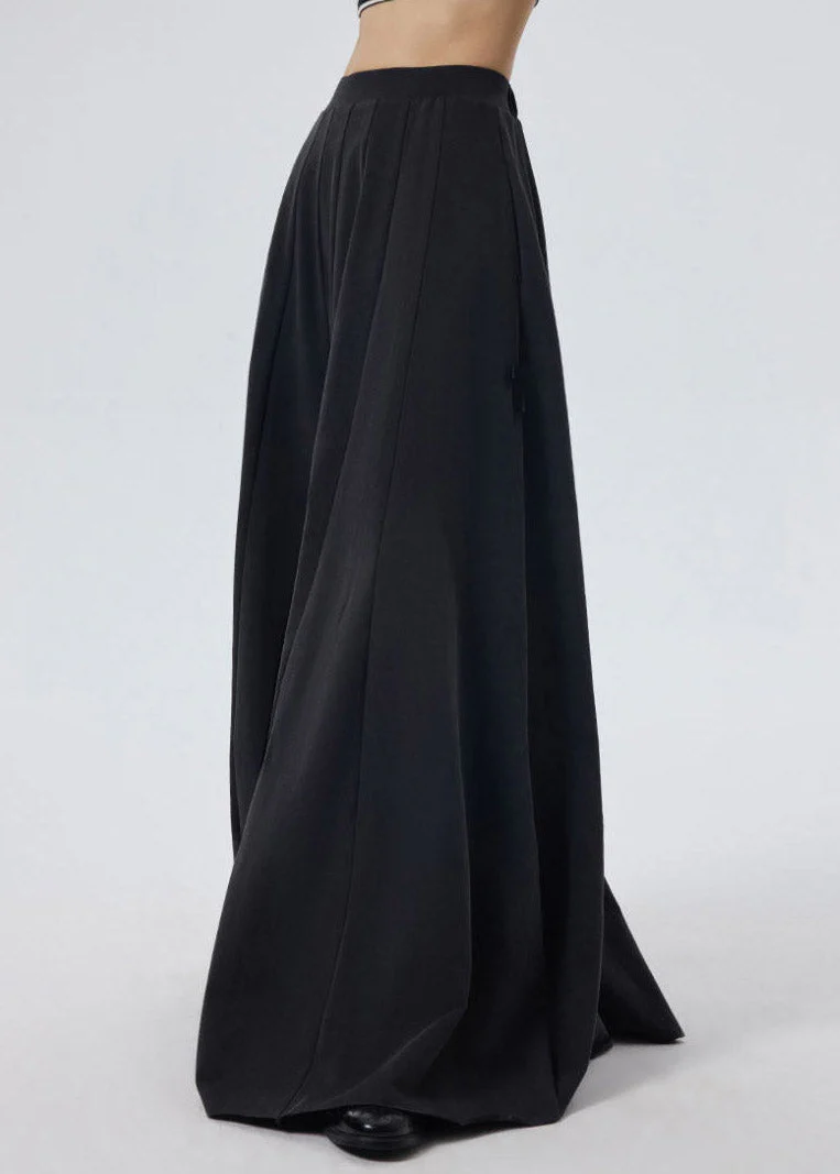 Casual Black Elastic Waist Solid A Line Skirt Spring
